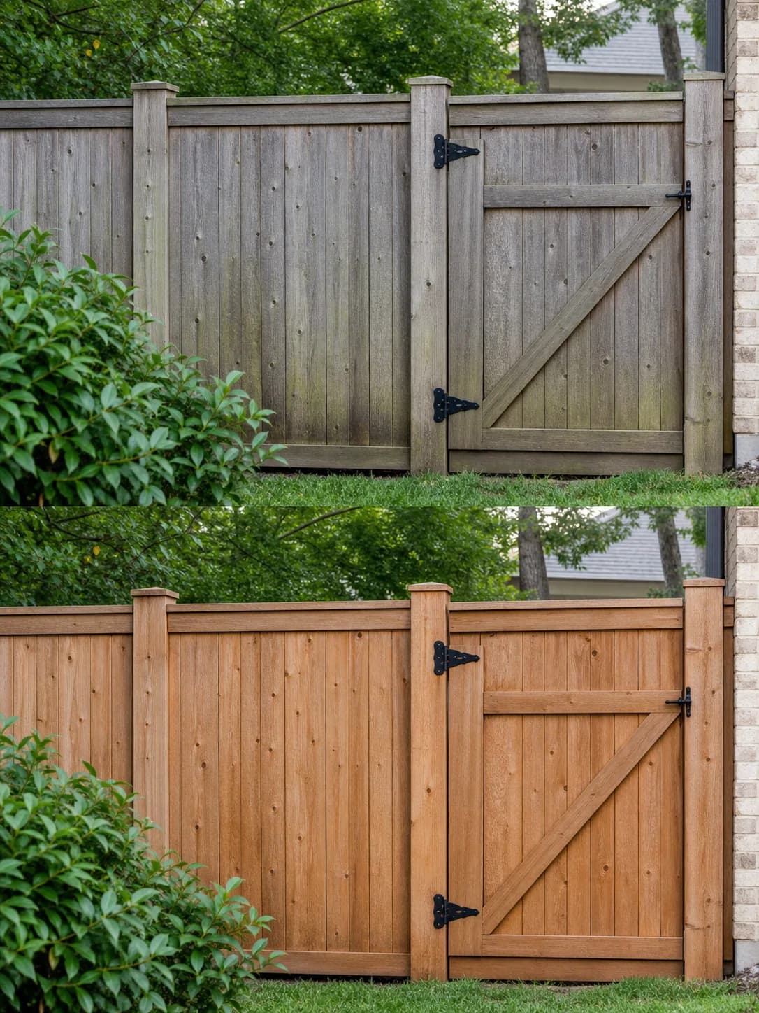 Before and after example of fence cleaning