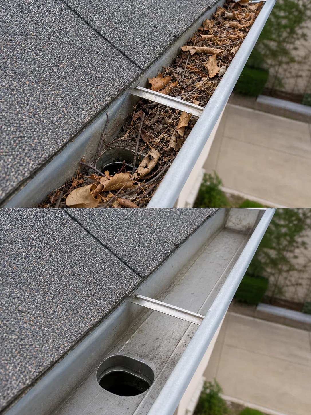 Before and after example of gutter cleaning