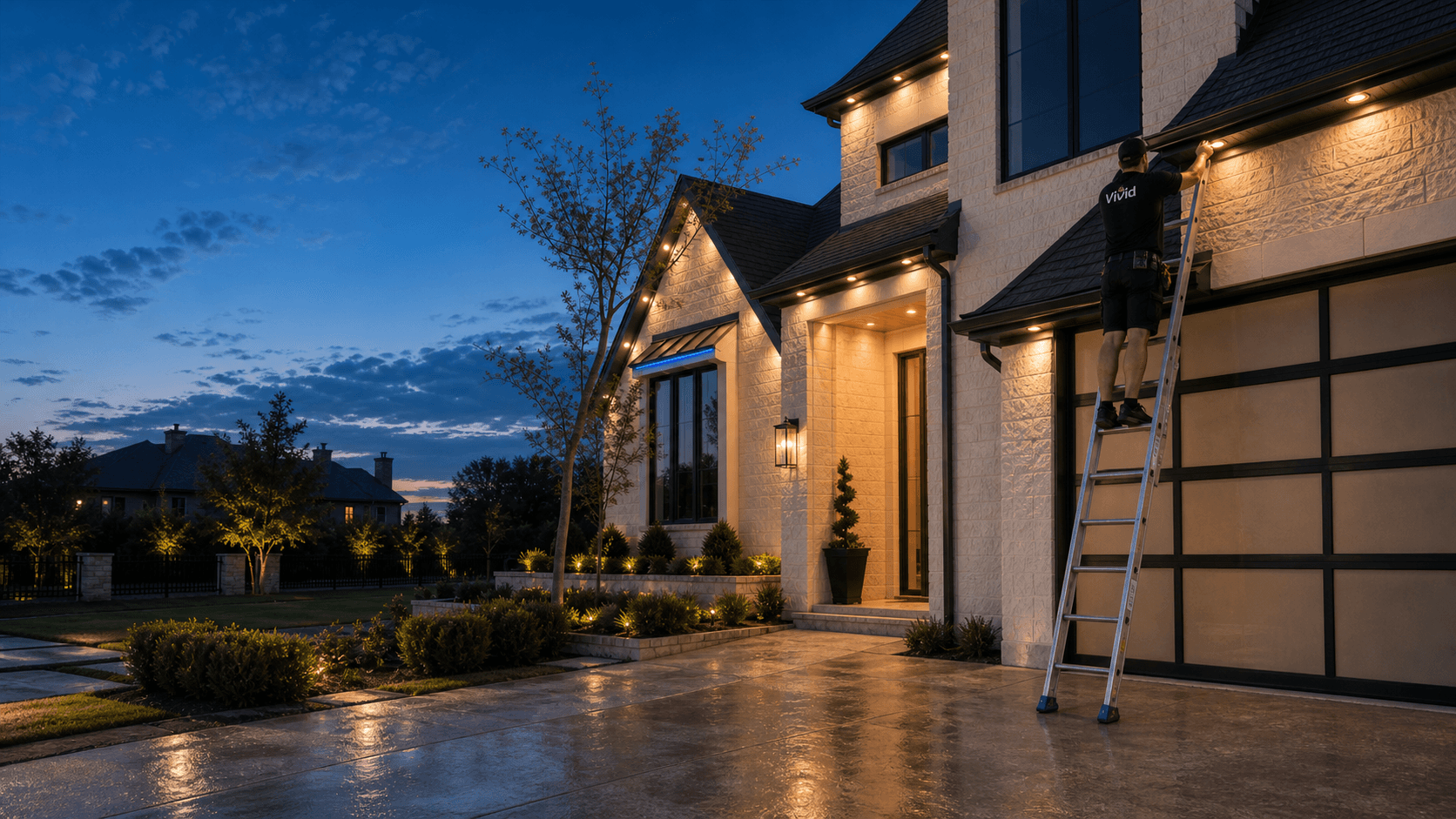 Vivid technician installing permanent puck lighting on a North Dallas home