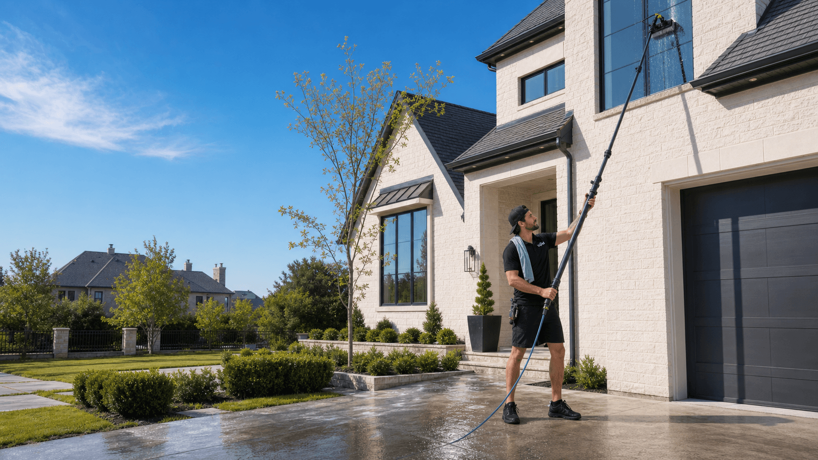 Vivid technician cleaning a second-story window with a water-fed pole on a sunny day